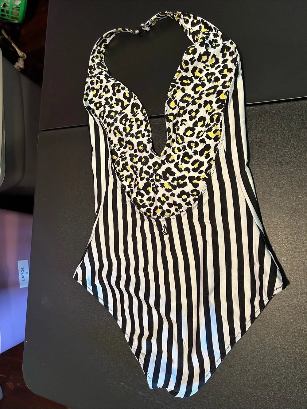 Volcom black and white striped one piece swimsuit reversible leopard large